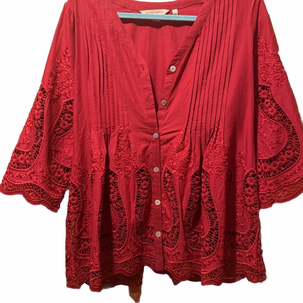 Soft Surroundings Red Embroidered Button-Front Blouse